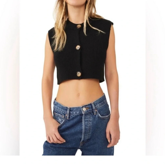 Free People Naiome Micro Vest Black Ribbed Crop Cropped Sweater Sleeveless Small - Picture 1 of 7